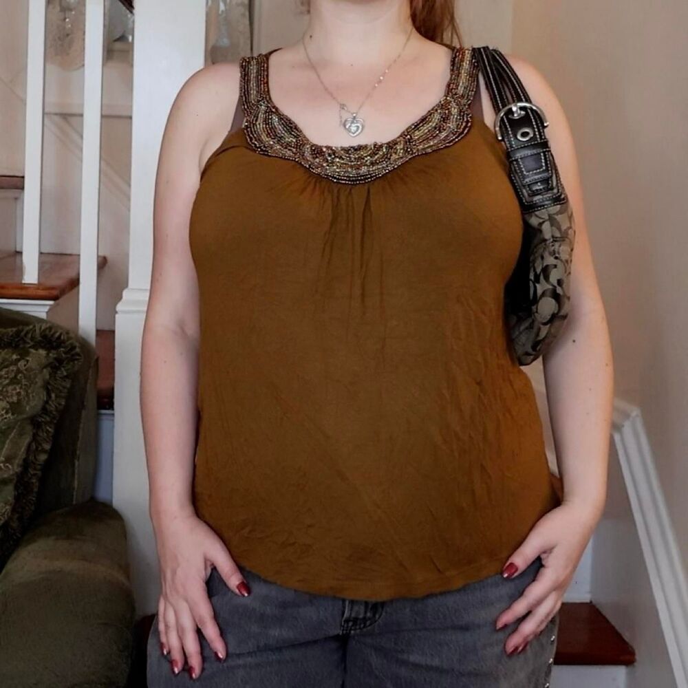 Forever 21 Beaded Neckline Mustard Brown Tank Top Sz Large Y2K Soft Indie Sleaze